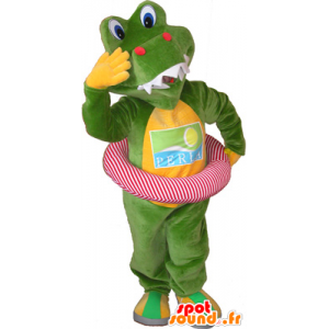 Grøn og gul krokodille maskot med en bøje - Spotsound maskot