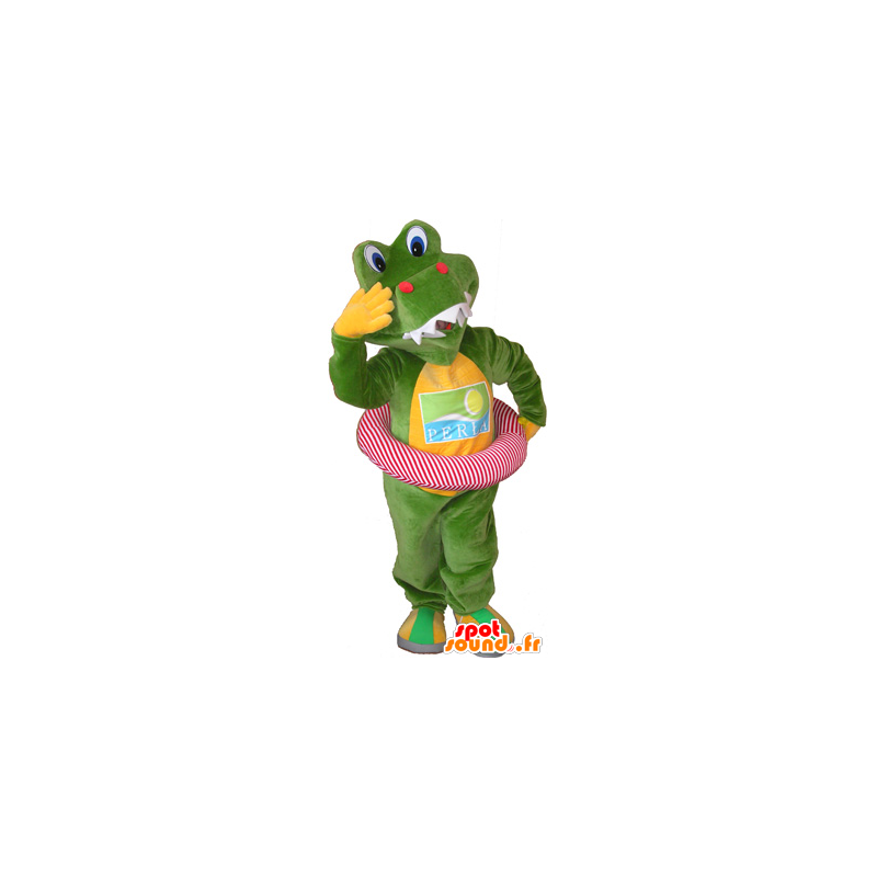 Groen en geel krokodil mascotte met een boei - MASFR032544 - Crocodile Mascottes