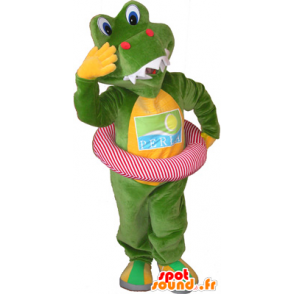 Mascotte de crocodile vert et jaune avec une bouée - MASFR032544 - Mascottes Crocodile