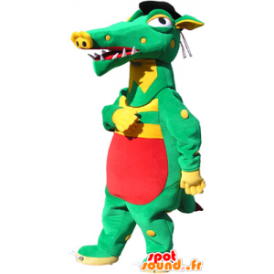 Groene krokodil mascotte, geel en rood - MASFR032545 - Crocodile Mascottes