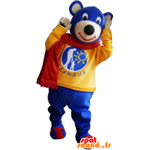 Mascotte de nounours bleu avec un pull jaune et une écharpe - MASFR032548 - Mascotte d'ours