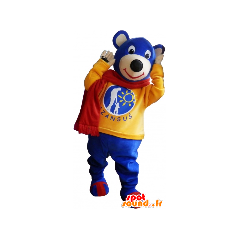 Blue teddy mascot with a yellow sweater and scarf - MASFR032548 - Bear mascot