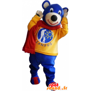 Blue teddy mascot with a yellow sweater and scarf - MASFR032548 - Bear mascot