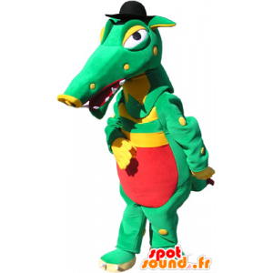 Mascotte de crocodile vert, jaune et rouge avec un chapeau noir - MASFR032557 - Mascottes Crocodile