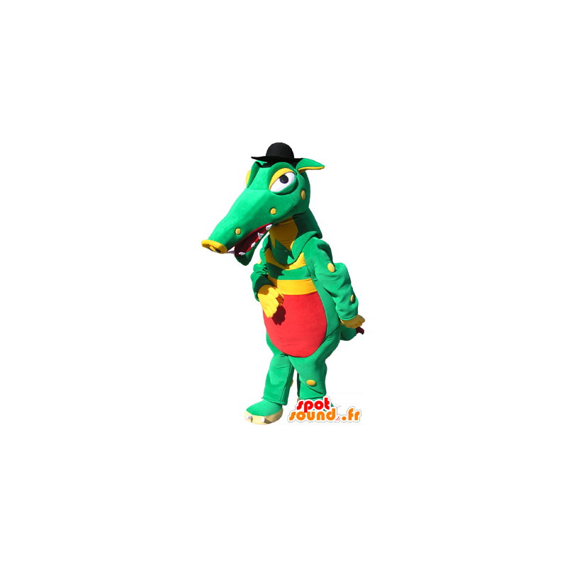 Groene krokodil mascotte, geel en rood met een zwarte hoed - MASFR032557 - Crocodile Mascottes