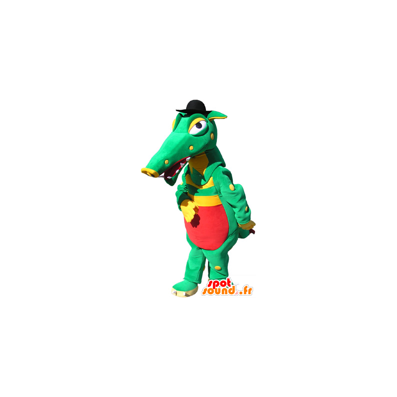 Mascotte de crocodile vert, jaune et rouge avec un chapeau noir - MASFR032557 - Mascottes Crocodile