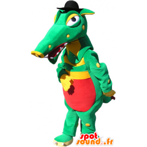 Groene krokodil mascotte, geel en rood met een zwarte hoed - MASFR032557 - Crocodile Mascottes