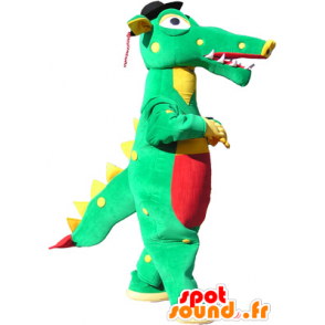 Mascotte de crocodile vert, jaune et rouge avec un chapeau noir - MASFR032557 - Mascottes Crocodile