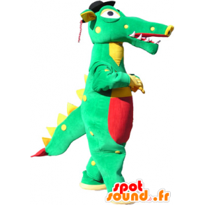 Groene krokodil mascotte, geel en rood met een zwarte hoed - MASFR032557 - Crocodile Mascottes