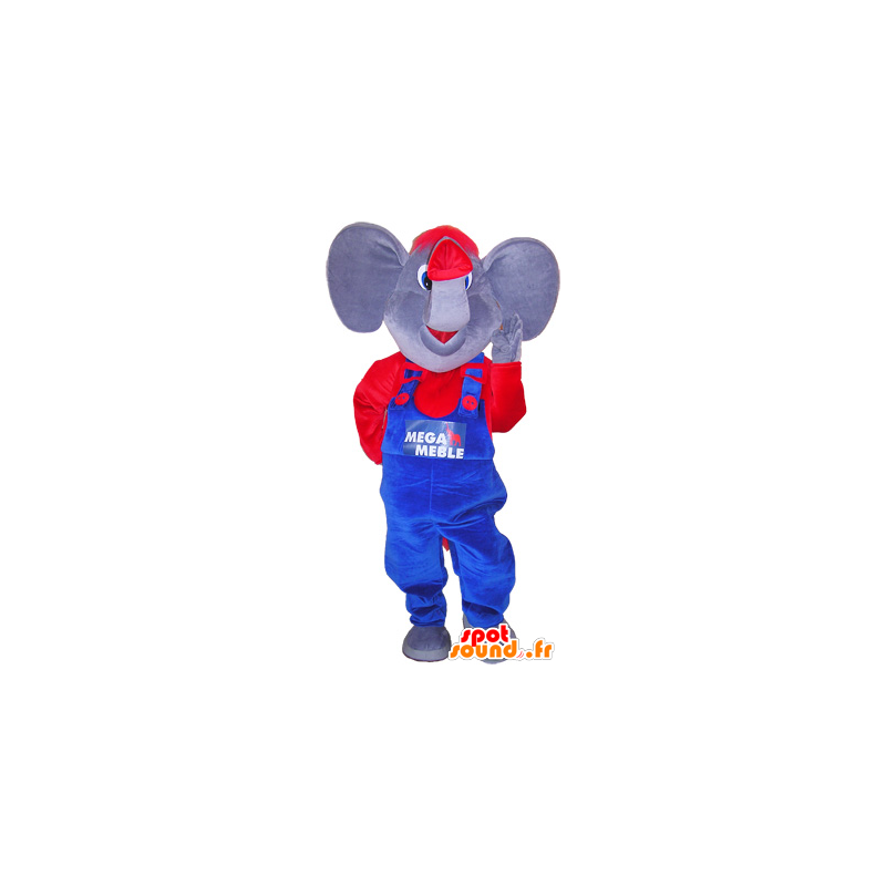 Elefantmaskot med en blå och röd outfit - Spotsound maskot