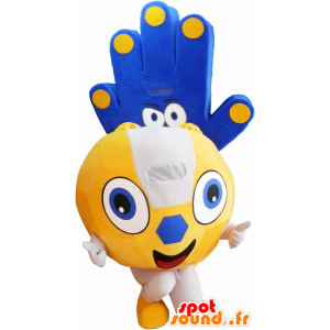 2 mascottes: un ballon jaune et une main bleue - MASFR032559 - Mascottes d'objets