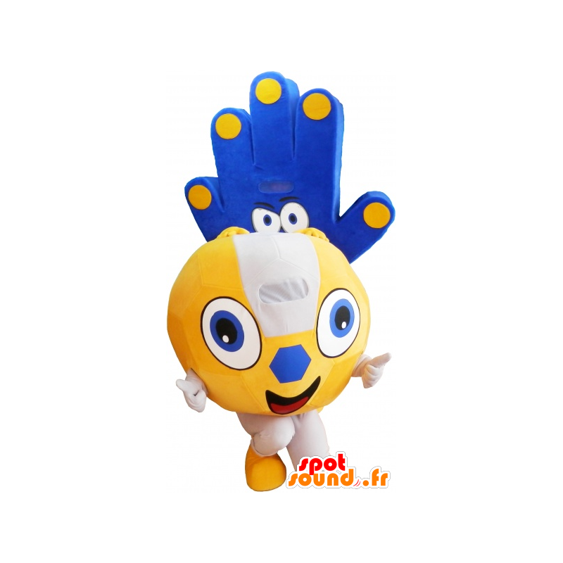 2 mascottes: un ballon jaune et une main bleue - MASFR032559 - Mascottes d'objets