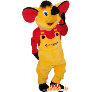 Gul elefantmaskot med en gul och röd outfit - Spotsound maskot