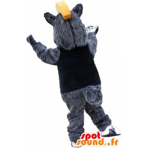 Mascotte de gros ours gris et blanc avec une crète jaune - MASFR032563 - Mascotte d'ours