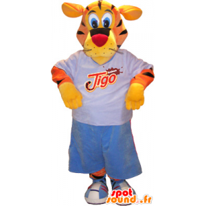 Tiger-Maskottchen, orange, gelb, schwarz mit Sportausrüstung - MASFR032566 - Sport-Maskottchen