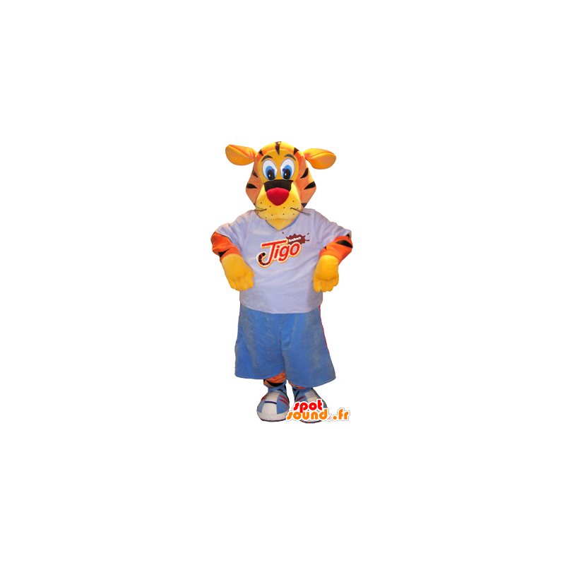 Tijger mascotte, oranje, geel, zwart met sportartikelen - MASFR032566 - sporten mascotte