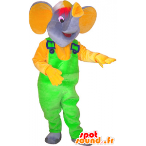 Mascot grauer Elefant mit einem neon grünen Overalls - MASFR032569 - Elefant-Maskottchen