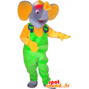 Grå elefantmaskot med neongröna overaller - Spotsound maskot