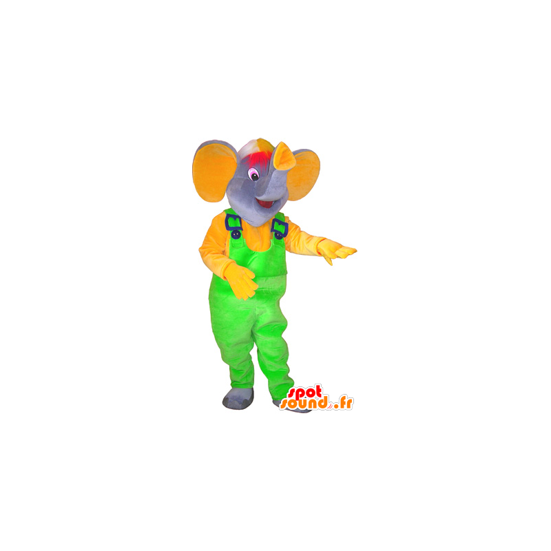 Mascot gray elephant with a neon green overalls - MASFR032569 - Elephant mascots