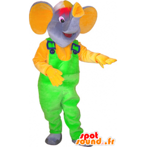 Mascot grauer Elefant mit einem neon grünen Overalls - MASFR032569 - Elefant-Maskottchen