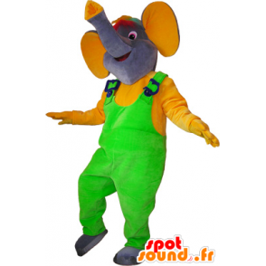 Mascot gray elephant with a neon green overalls - MASFR032569 - Elephant mascots