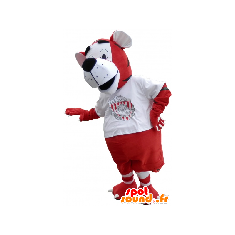 Mascota del tigre en rojo deportivo y ropa blanca - MASFR032574 - Mascota de deportes