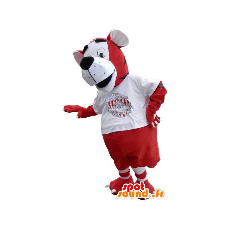 Mascotte van de tijger sportieve rode en witte uitrusting - MASFR032574 - sporten mascotte