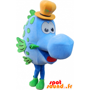Blue fish mascot with a yellow hat - MASFR032586 - Mascots fish