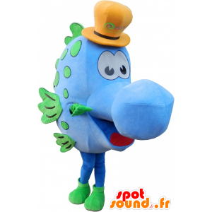 Blauwe vis mascotte met een gele hoed - MASFR032586 - Fish Mascottes