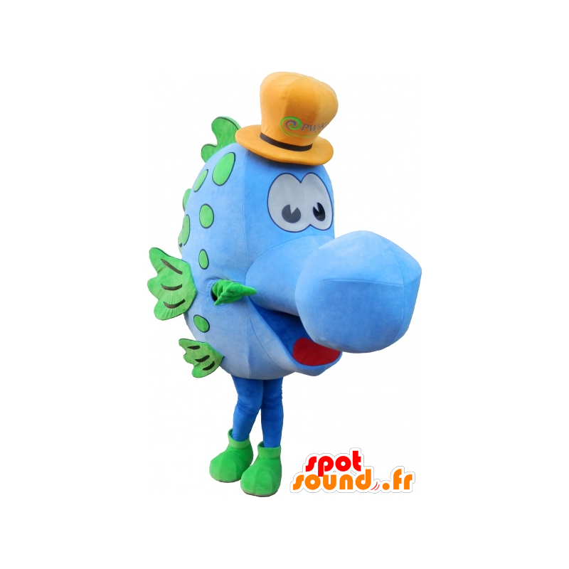 Mascotte de poisson bleu avec un chapeau jaune - MASFR032586 - Mascottes Poisson