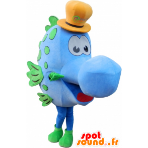 Mascotte de poisson bleu avec un chapeau jaune - MASFR032586 - Mascottes Poisson