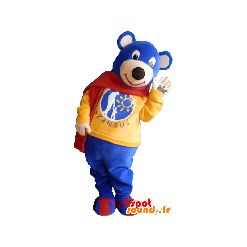 Piccolo blu orsetto mascotte indossa una sciarpa rossa - MASFR032594 - Mascotte orso