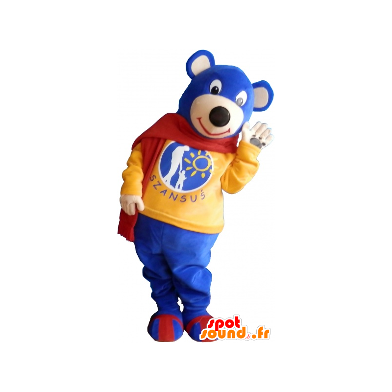 Small blue teddy bear mascot wearing a red scarf - MASFR032594 - Bear mascot