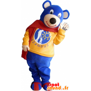 Mascotte de petit ourson bleu portant une écharpe rouge - MASFR032594 - Mascotte d'ours