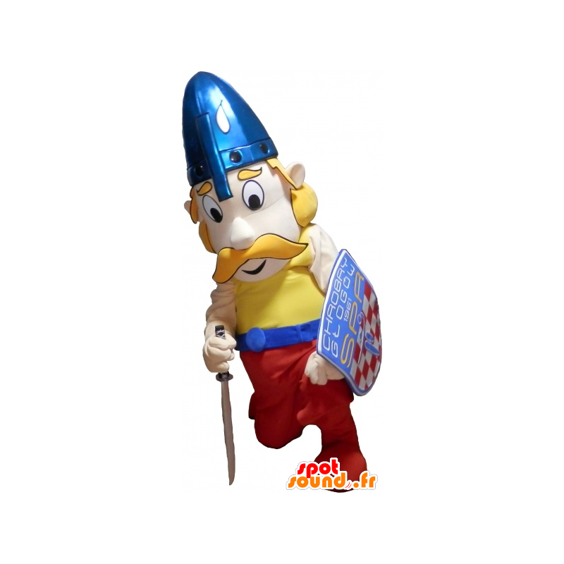 Blonde Viking mascotte snor met een koptelefoon en een schild - MASFR032606 - Mascottes en geiten Geiten