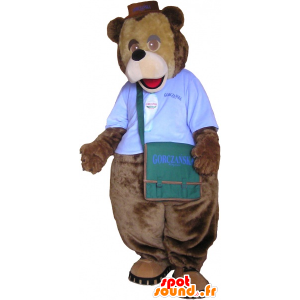 La mascota del oso marrón con una bolsa de hombro - MASFR032610 - Oso mascota