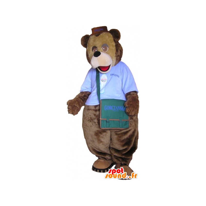 La mascota del oso marrón con una bolsa de hombro - MASFR032610 - Oso mascota