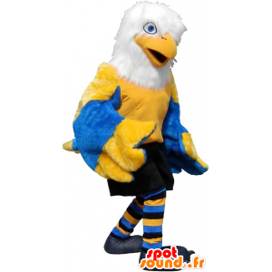 Mascot yellow bird, white and blue, in sportswear - MASFR032616 - Sports mascot