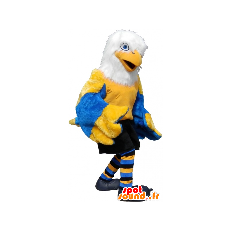 Gul, vit och blå fågelmaskot, i sportkläder - Spotsound maskot