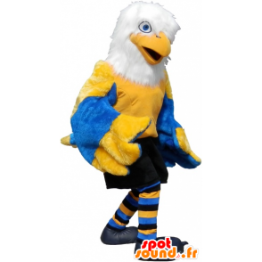 Mascot yellow bird, white and blue, in sportswear - MASFR032616 - Sports mascot