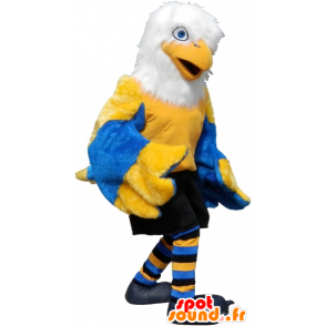 Mascot pássaro amarelo, branco e azul, no sportswear - MASFR032616 - mascote esportes