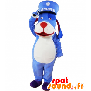 Blaue und weiße Hund Maskottchen mit einer Kappe. blau Tier Maskottchen - MASFR032618 - Hund-Maskottchen