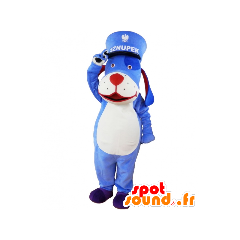 Blaue und weiße Hund Maskottchen mit einer Kappe. blau Tier Maskottchen - MASFR032618 - Hund-Maskottchen