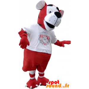 Mascote Tigre vestida no futebol vermelho e branco - MASFR032620 - Tiger Mascotes