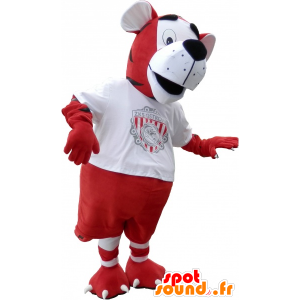 Tiger maskot i rød og hvid fodboldspiller outfit - Spotsound