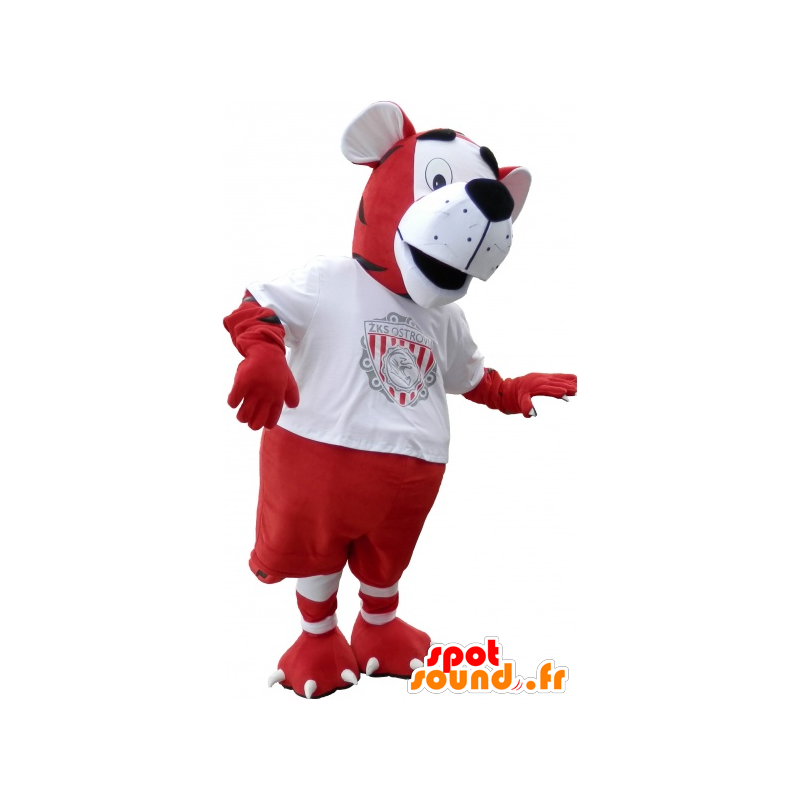 Mascotte de tigre en tenue de footballeur rouge et blanc - MASFR032620 - Mascottes Tigre