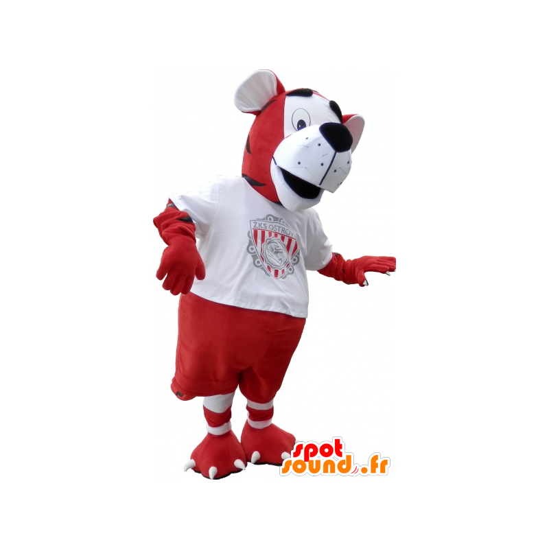 Tiger maskot i rød og hvid fodboldspiller outfit - Spotsound