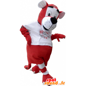 Tygrys maskotka ubrana w czerwone i białe piłki nożnej - MASFR032620 - Maskotki Tiger