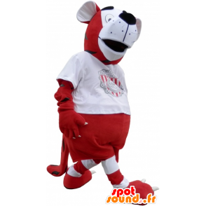 Mascotte de tigre en tenue de footballeur rouge et blanc - MASFR032620 - Mascottes Tigre