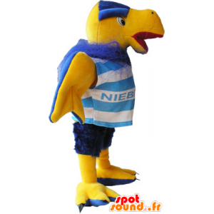 Mascot avvoltoio giallo e blu in abbigliamento sportivo